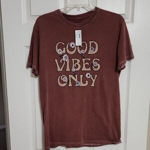 Maurices Brown Graphic Tee with Beige Floral 'Good Vibes Only'